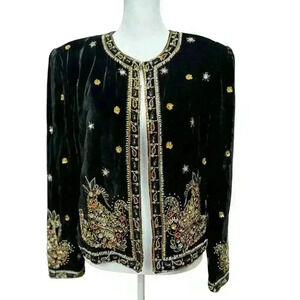 LESLIE FAY Black Velvet Evening Jacket with exquisite Beading and jewels  Size S